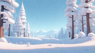 The primary subject of the image is a snowy landscape with a mountain in the background. The setting is a snow-covered field with trees in the background. The visual style is a digital art or illustration, creating a wintery and serene atmosphere. The colors are predominantly white, representing the snow, and the mood is calm and peaceful.